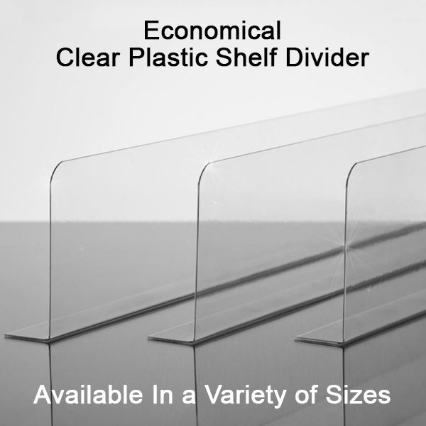 Shelf Divider/Retainer Adhesive Mount, Clear Plastic 18 L x 3 H x .5 W x 20 Mil Thick, 50 Pack