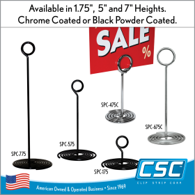 Spiral Base Card Sign Holders, Chrome or Black, by Clip Strip Corp.