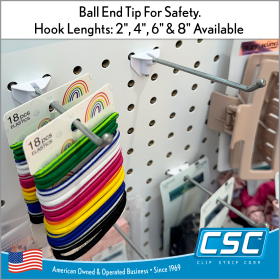 Easy Remove Pegboard And Slat wall Hooks. Two Piece Design, Plastic Back And Metal Shaft. by Clip Strip Corporation.