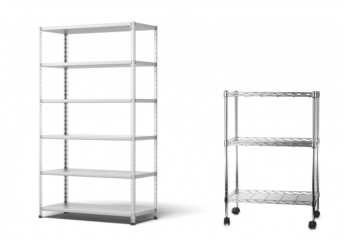 2 metro style rack shelving units for product merchandising